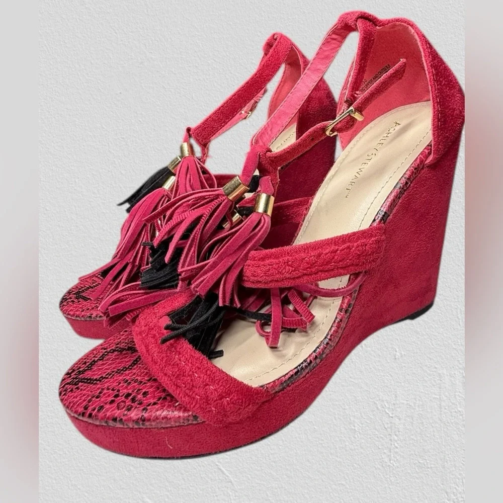 Ashley Stewart‎ fuchsia suede wedge sandals tassels snakeskin print